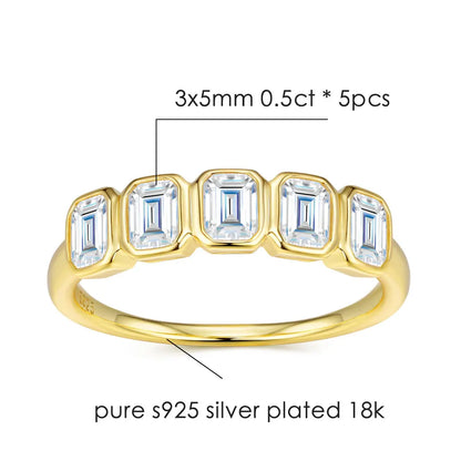5-Stone Emerald Cut Moissanite Wedding Ring for Women 2.5ct D Color Lab-Grown Gemstone S925 Silver Plated 18K Gold Ring