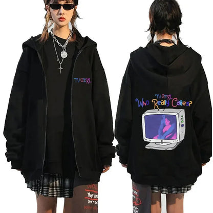 TV Girl Who Really Cares Graphic Print Zipper Hoodie Men Women Fashion Casual Oversized Zip Up Jacket Male Fleece Sweatshirts