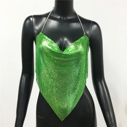 Shiny Metal Sequins Tank Tops For Women Sexy Backless V Neck Adjustable Chain Crop Top Lady Festival Rave Party Club Camisole