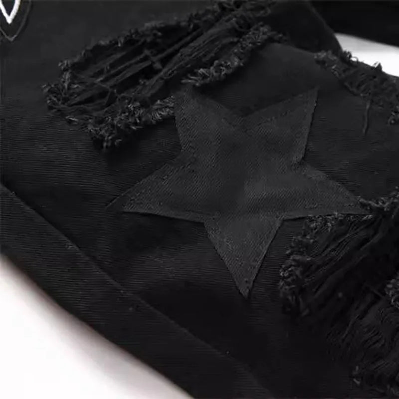 Autumn And Winter Retro Black Ripped Jeans Men'S Straight Leg Pants Pentagram Patch Casual Jeans Pants