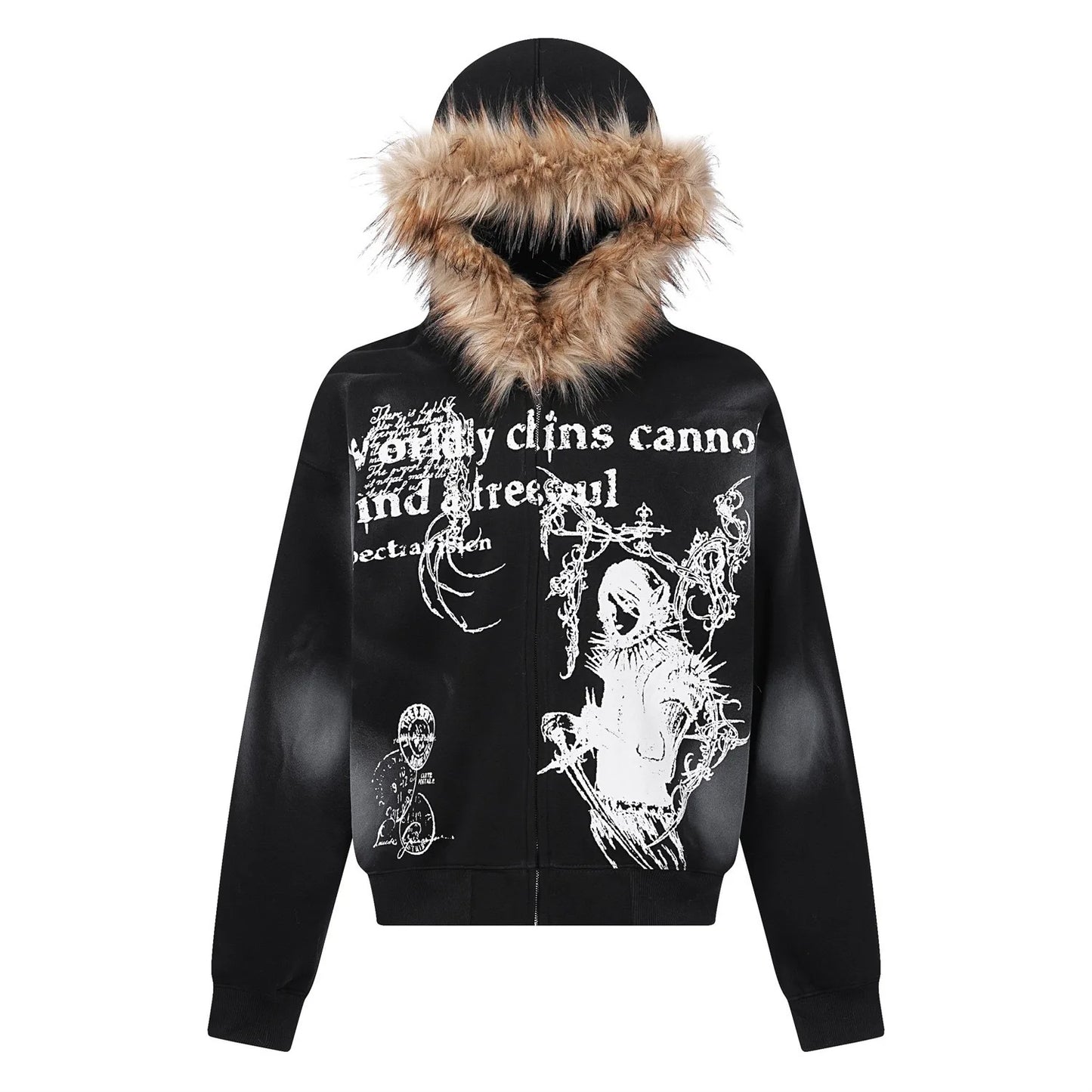 Retro Hooded Sweatshirt Loose Fitting Men's and Women's Pullover Fashionable Street Style Printed Vintage Fur Collar Sweatshirt