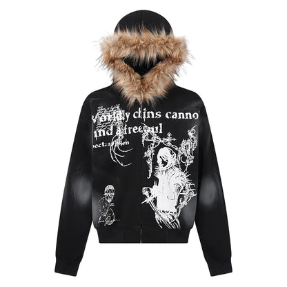 Retro Hooded Sweatshirt Loose Fitting Men's and Women's Pullover Fashionable Street Style Printed Vintage Fur Collar Sweatshirt