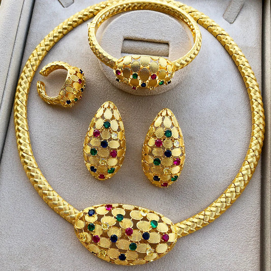 Luxury FLower Floral 4PCS DUBAI Jewelry Sets For Women Wedding Cubic Zircon Crystal CZ Indian African Bridal Jewelry Sets