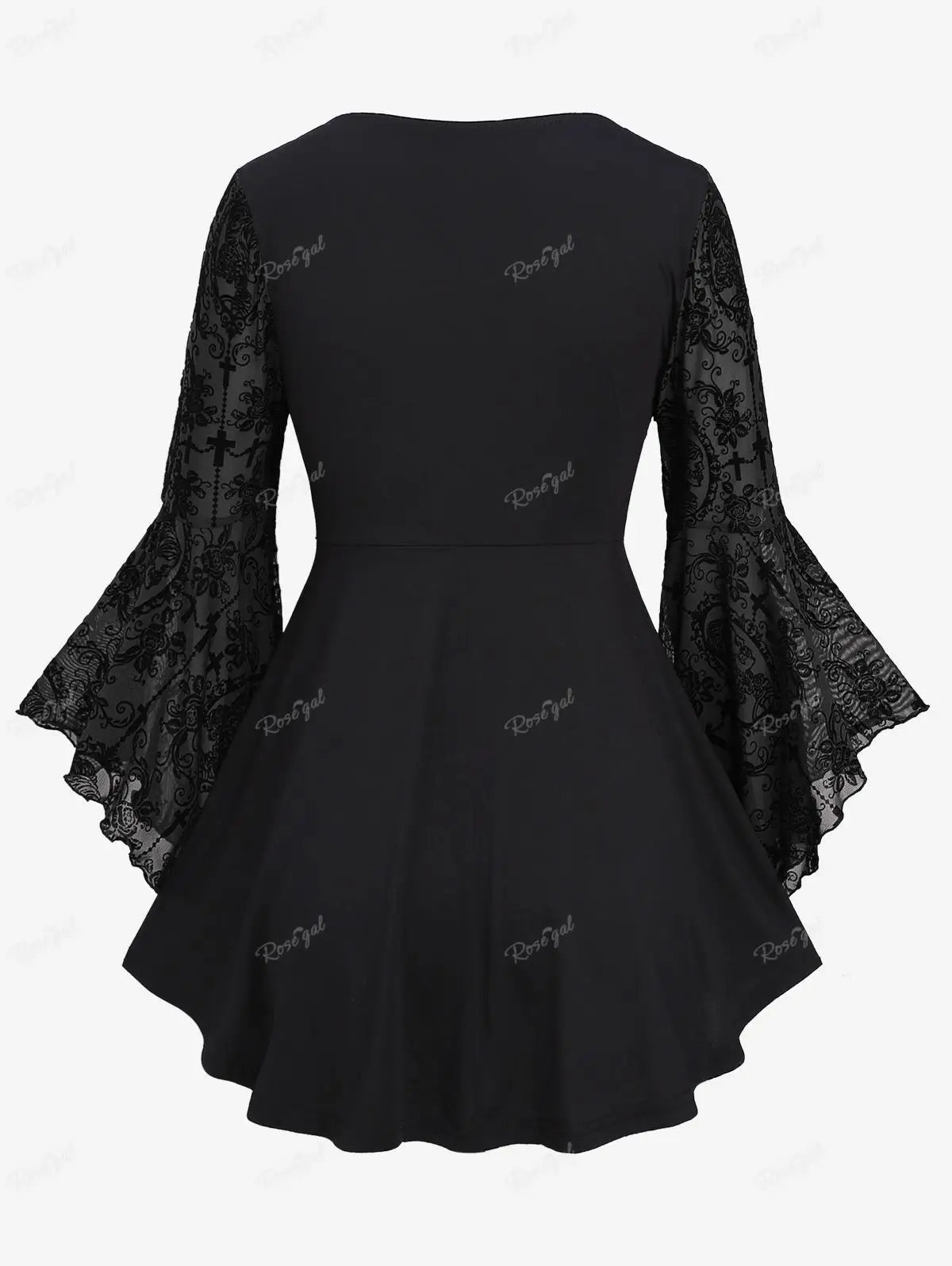 Plus Size Gothic Bell Sleeves Cross Floral Mesh Flocking Lace Up Ruched Ruffles 2 in 1 Long Bell Sleeve Top