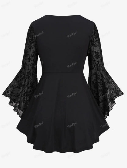 Plus Size Gothic Bell Sleeves Cross Floral Mesh Flocking Lace Up Ruched Ruffles 2 in 1 Long Bell Sleeve Top