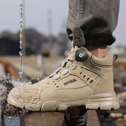 Men's Steel Head Work Shoes Anti Smash and Anti stab Khaki High Top Intelligent Buckle Simple Fashion Industrial Style Pr