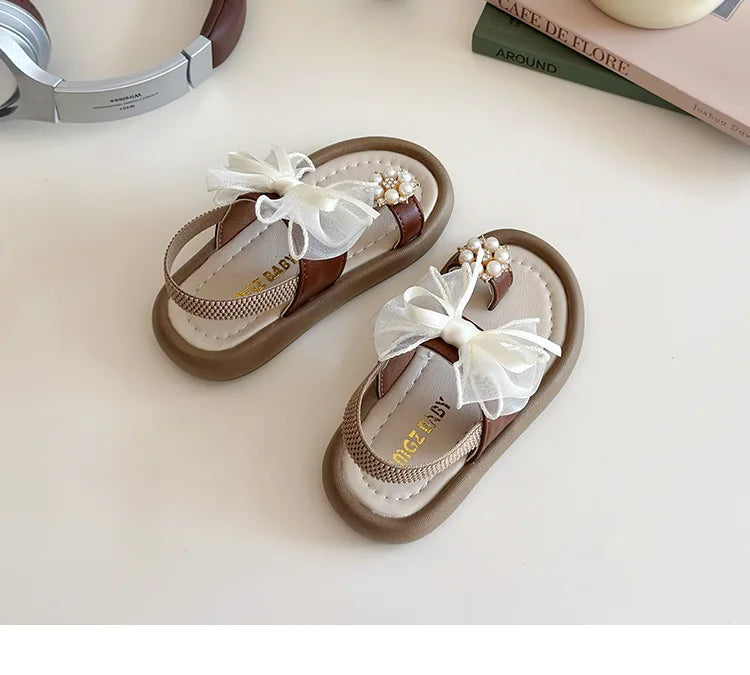 Brand Designer Ribbons Sandals for Girls Beaded Flip Flop Evening Party Dress Shoes Tulle Bow-tie Child Shoes Girl Sandal I06034
