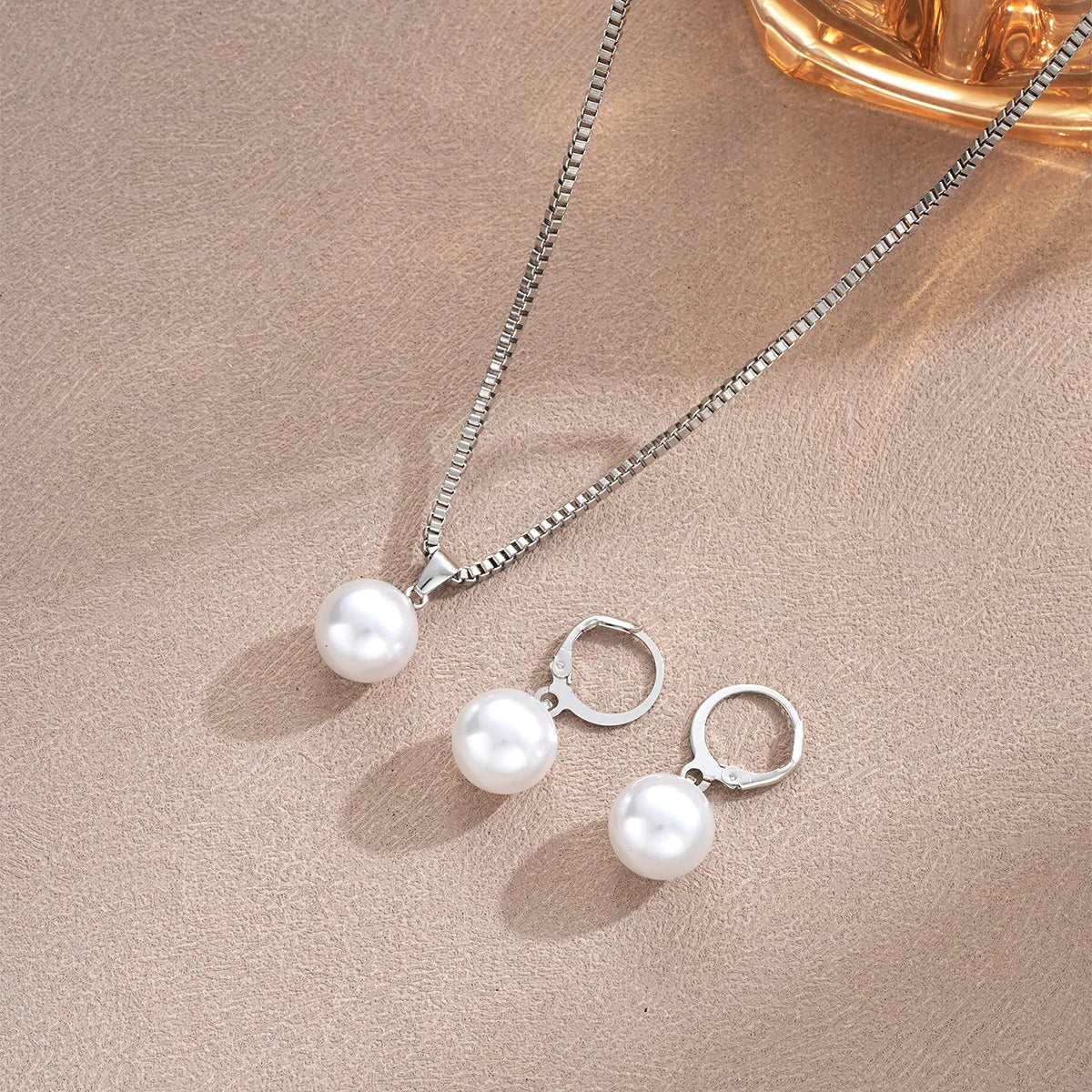 3 Pcs/Set Round Pearl Pendant Necklace For Women Exquisite Fashion Rhinestone Double  Earring Wedding Jewelry Set Gift