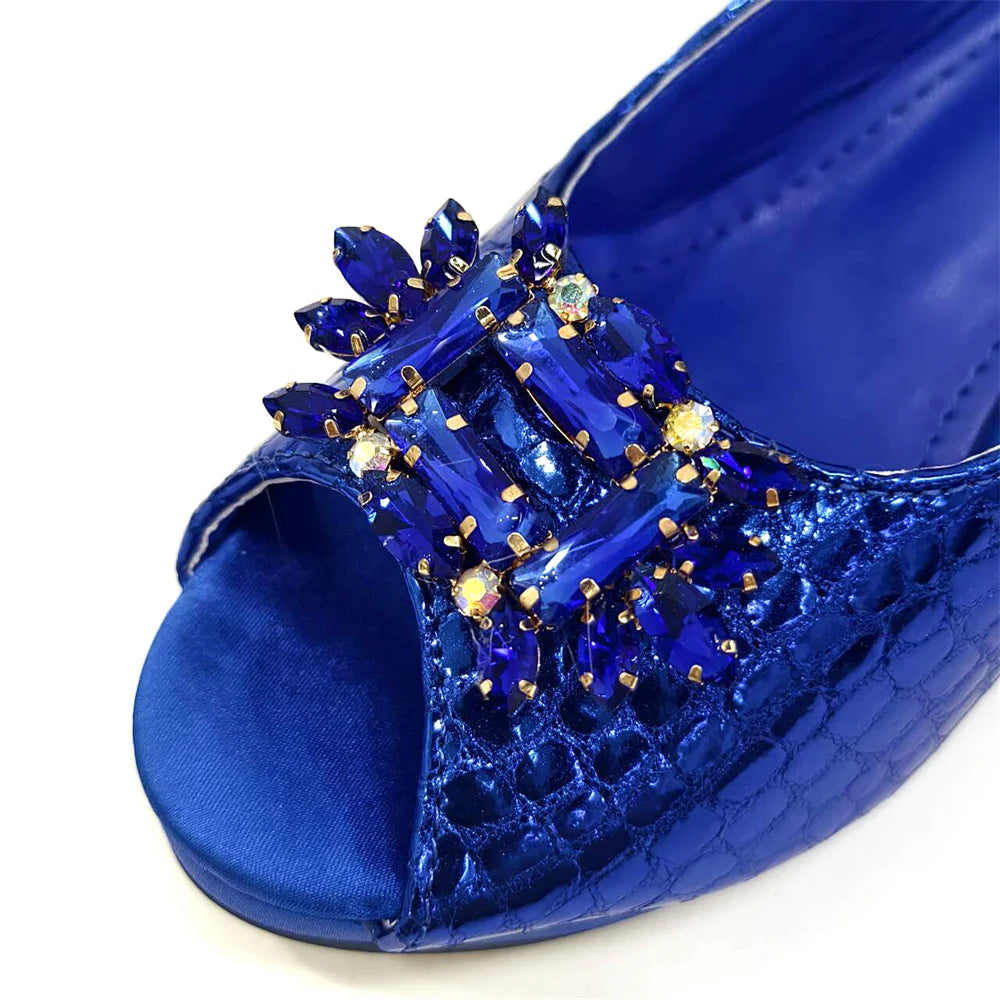 Italian Fashion Open Toe Women Strange Heels Bigger Size Fashion Rhinestone Decoration Brown Shoes And Bag Set Party Bag