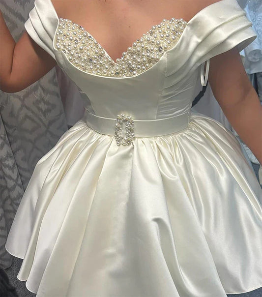 Short Wedding Dress Off the Shoulder Pearl Sweetheart Belt Ball Gown Wedding Gowns for Women 2025 Bride Ruched Satin Bridal Gown