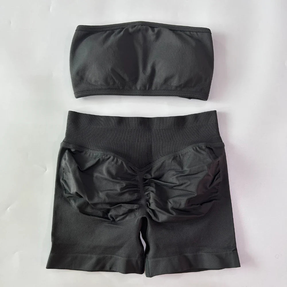 2 Pieces Yoga Set Women Backless Bandeau Sports Bra Scrunch Shorts Yoga Clothing Workout Clothes Outfits Sets Gym Set