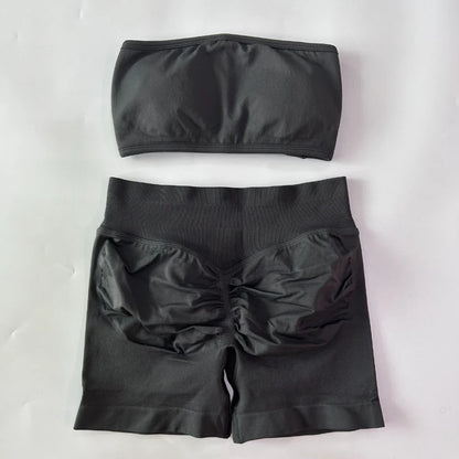 2 Pieces Yoga Set Women Backless Bandeau Sports Bra Scrunch Shorts Yoga Clothing Workout Clothes Outfits Sets Gym Set