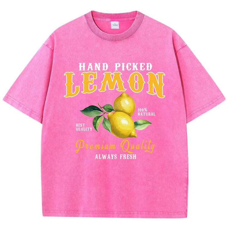 Summer Lemon Washed T-Shirts Womens Cotton Oversized O-Neck T Shirts Fresh Fruit Prints Tops Casual Short Sleeve Woman Clothes