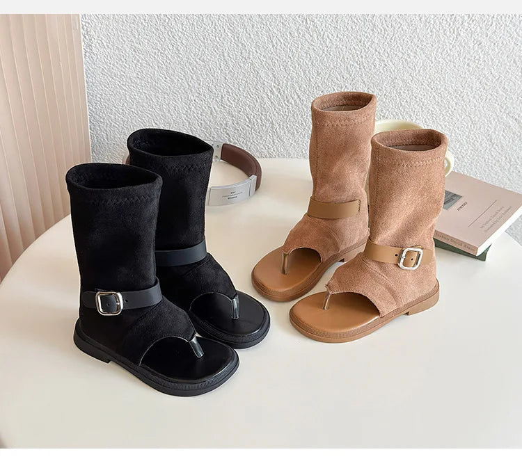 Summer Princess Long Pipe Boots Roman Sandals for Kids Girl Brand Design Ankle Strape Stretch-Satin Flip Flop Girls Shoes I06242