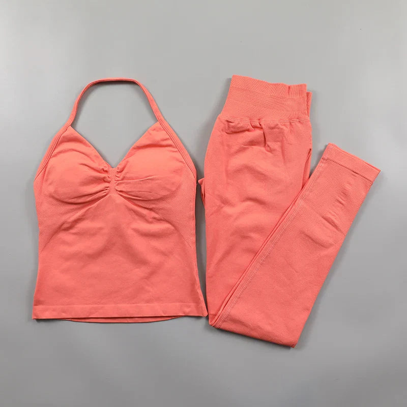 Yoga Longline Strappy Top Leggings Set Women's Backless Camisole Built-In bra Vest High-Waisted Hip Lift Gym Shorts Sports Set