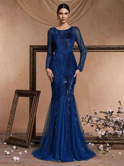 Elegant Long Sleeves Blue Sequins Evening Dresses 2025 Women Mermaid Formal Party Maxi Prom Dress Cocktail Graduation Gowns