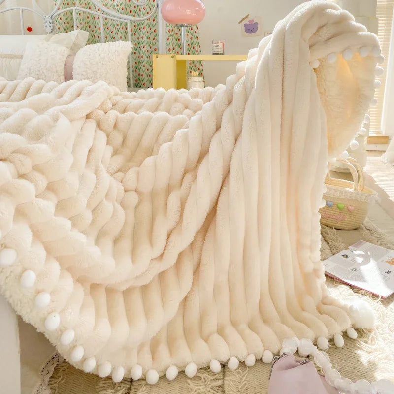 Solid Color Striped Fluffy Blanket Milk Velvet Soft Blanket with Cute Pompoms 3D Stereo Craft Travel Warm Bedding All Season