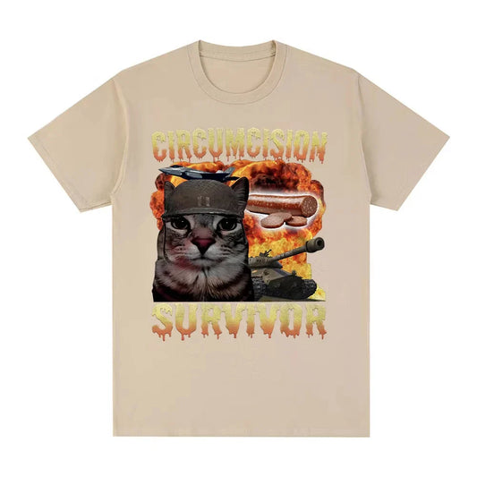 Circumcision Survivor Funny Cat Meme T Shirt Men Women Vintage T-shirts Casual Cotton Short Sleeve Oversized T-shirts Streetwear