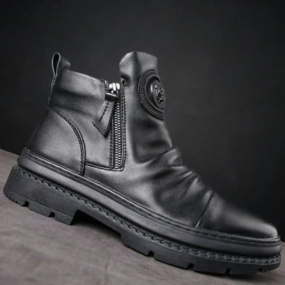 Men's Motorcycle Leather Boots British Style Round Head High Top Shoes Side Zip Walking Casual Platform Boots Bota Masculina