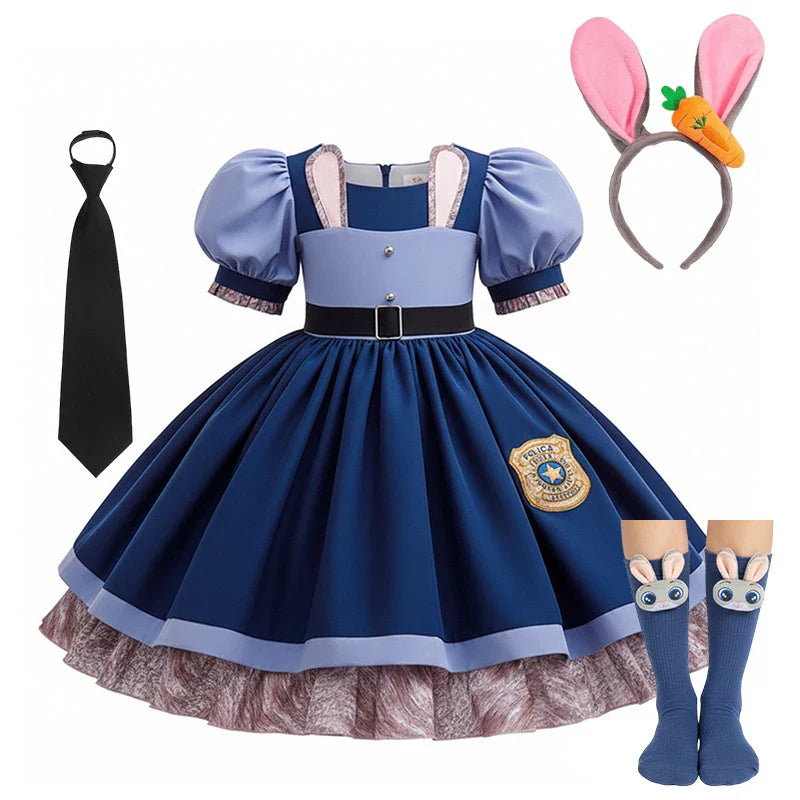 Girls Judy Hopps Police Officer Dress Zootopia Bunny Costume Kids Dress Up Halloween Rabbit Dress Outfits