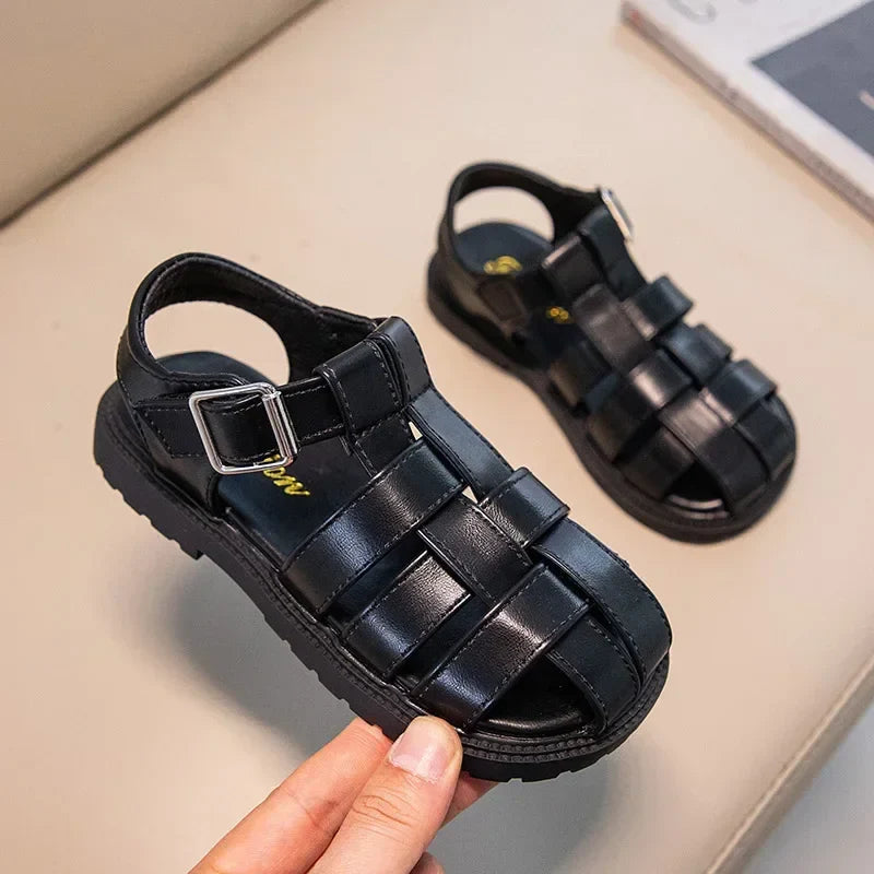 Children Hollow Out Shoes Boys Girls Roman Shoes British Style Non-slip Fashion Kids Toes Capped Shoes Peep Toe Solid Color