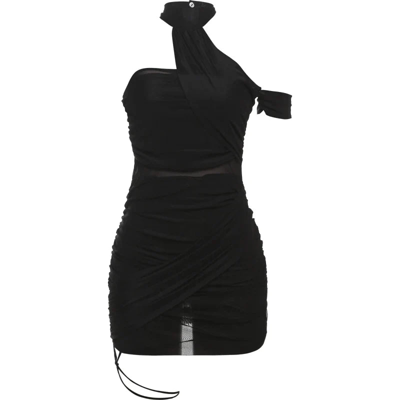 Backless Summer Trend See Through Sexy Dress Women Y2K Cross Bandage Halter Sleeveless Midnight Clubwear Mini Bodycon
