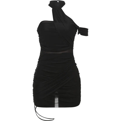 Backless Summer Trend See Through Sexy Dress Women Y2K Cross Bandage Halter Sleeveless Midnight Clubwear Mini Bodycon