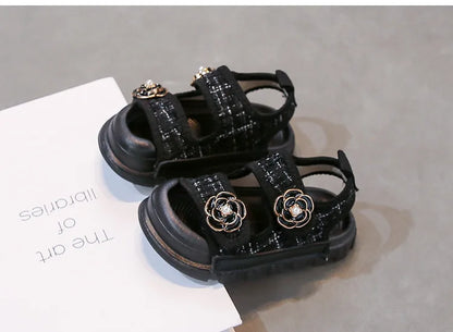 Rose Sweet Style Sandals Summer Solid Color Girls Baby Sandals Open Toe Small PU Slipper Shoes Size 21-35