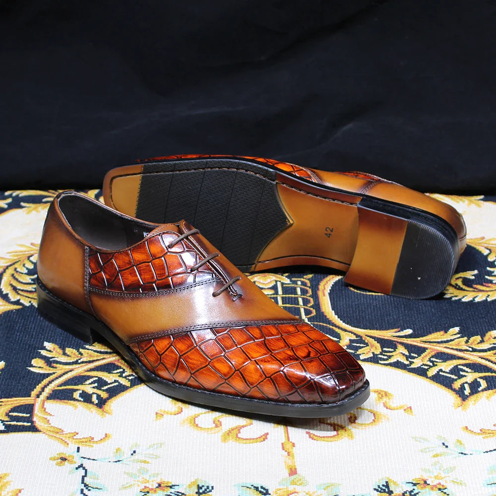 Luxury Men's Patent Leather Dress Shoes Alligator Pattern Oxford Brogue Lace-Up Formal Shoes for Office Wedding Party