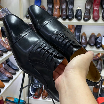 Genuine Leather Oxford Dress Shoes Men Lace Up Cap Toe Office Wedding Shoes Black Brown Brogue Pointed Oxfords Formal Shoes Men