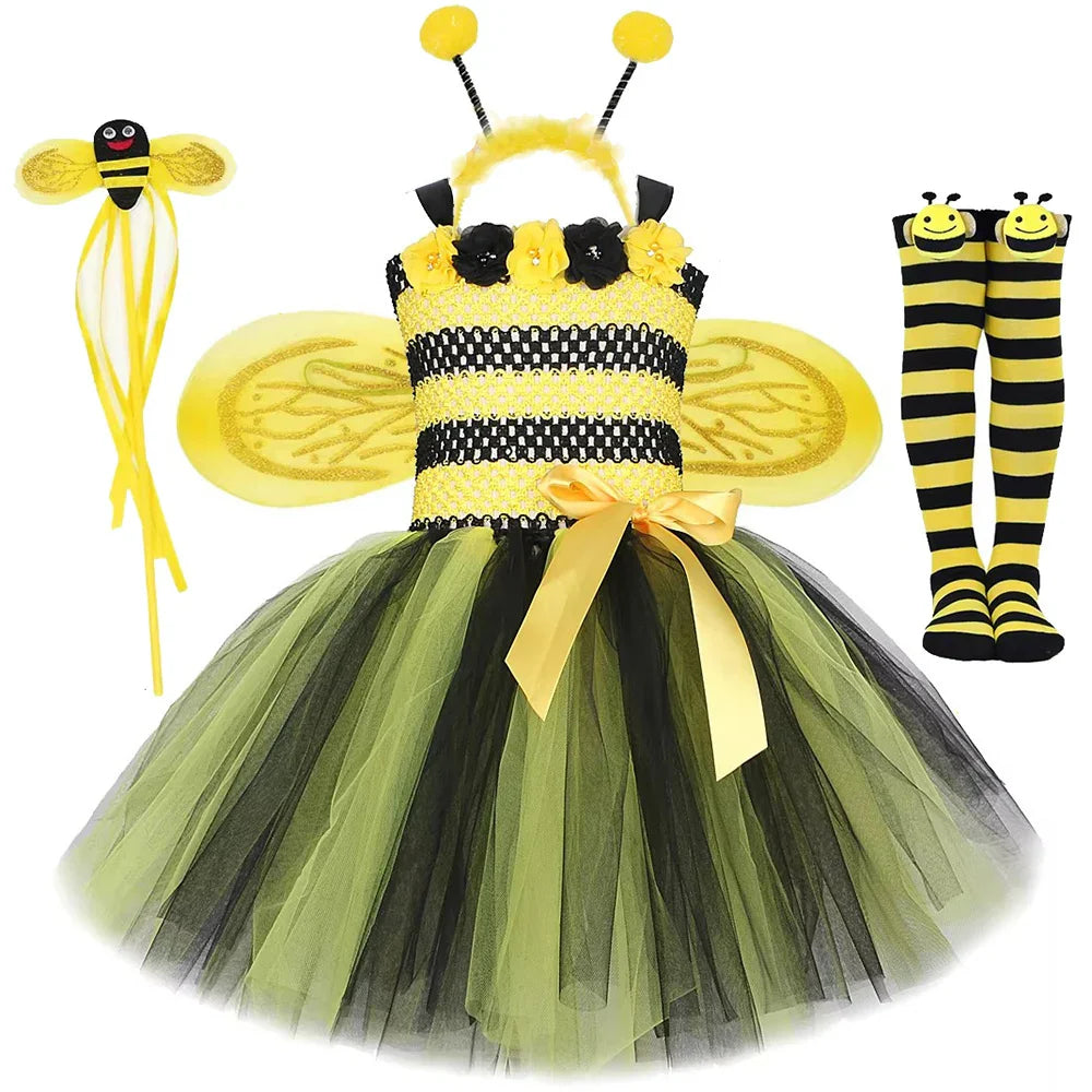 Baby Girls Flower Honeybee Costumes for Kids Yellow Black Little Bee Tutu Dress with Wings Children Birthday Halloween Outfits