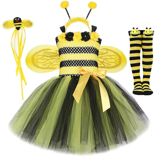 Baby Girls Flower Honeybee Costumes for Kids Yellow Black Little Bee Tutu Dress with Wings Children Birthday Halloween Outfits