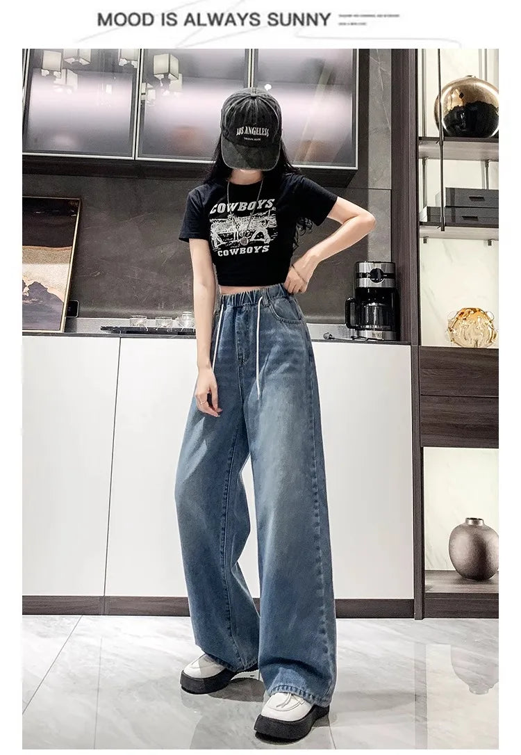 Calça Jeans Feminina Plus Size Folgada Cintura Alta Perna Larga Azul Claro Elástico na Cintura Cordão Calças Outono Moda Plus Size