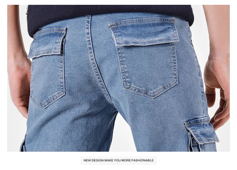 Men's Jeans Street Style Waist Denim Cargo Pants Solid Color Washed Slim Fit Casual Jeans with Multiple Pockets for Daily Wear