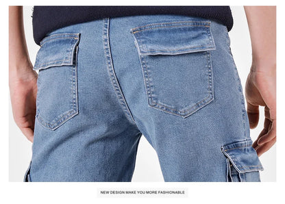 Men's Jeans Street Style Waist Denim Cargo Pants Solid Color Washed Slim Fit Casual Jeans with Multiple Pockets for Daily Wear