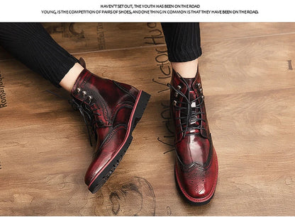 Men Lace-up High Top Brogue Carved Business Boots