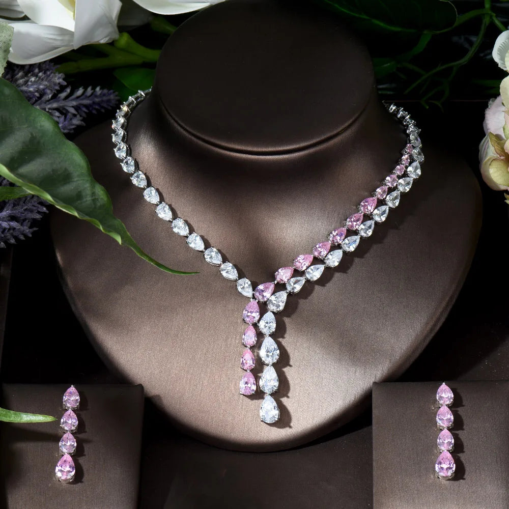 Clear Best Quality Brilliant Crystal Zircoina Earrings And Necklace Bridal Jewelry Set Wedding Dress Accessories N-1453