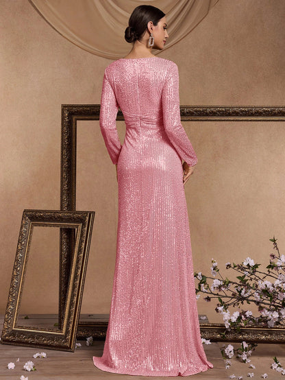 Vestidos de Festa Longos Rosas de Luxo com Decote em V para Mulheres Elegantes, Maxi Vestido de Festa com Lantejoulas e Mangas Longas, Vestidos de Baile e Coquetel