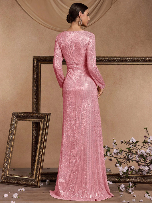 Luxury Pink Floor Length V-Neck Evening Dresses Women Elegant Party Maxi Dress Sequin Long Sleeves Prom Cocktail Dress Gowns