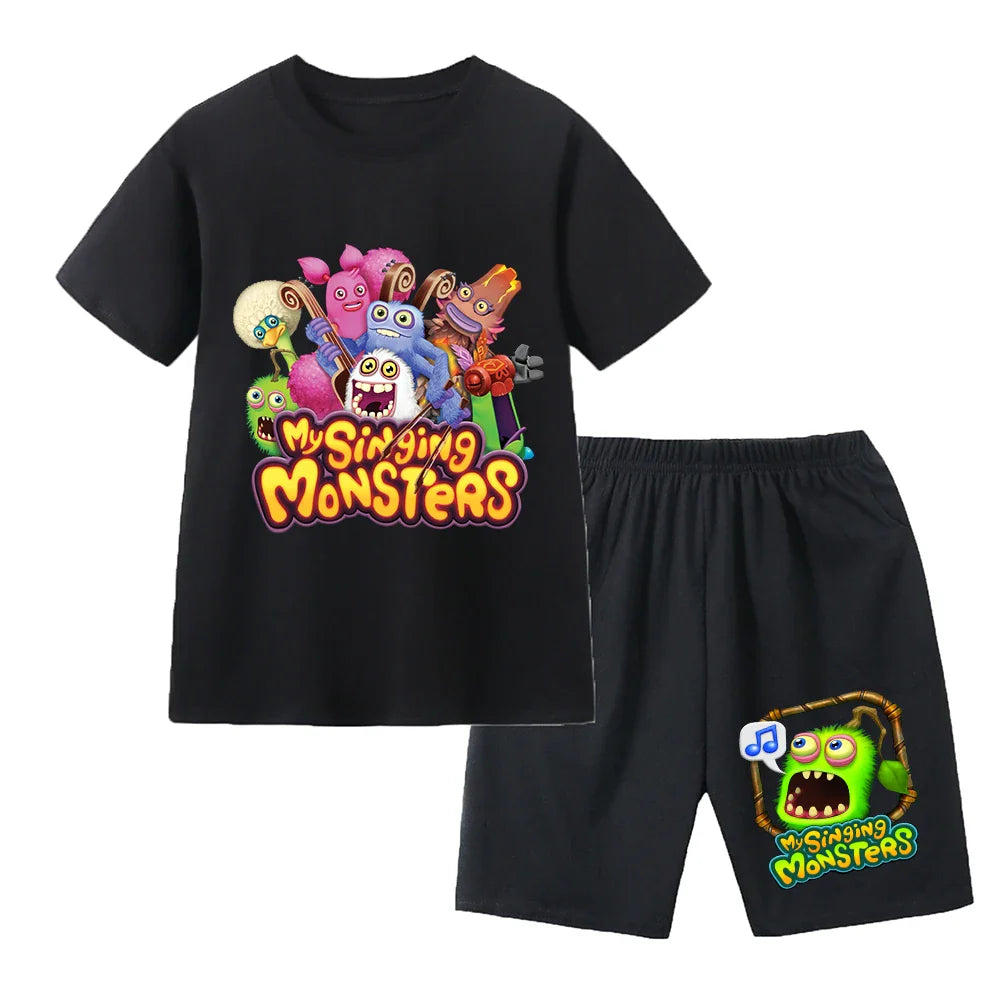 Summer Kids Cartoon Print Sport Clothing Suit Monsters Boys Casual Outfits Children Breathable T Shirt Pocket Shorts 2 Piece Set