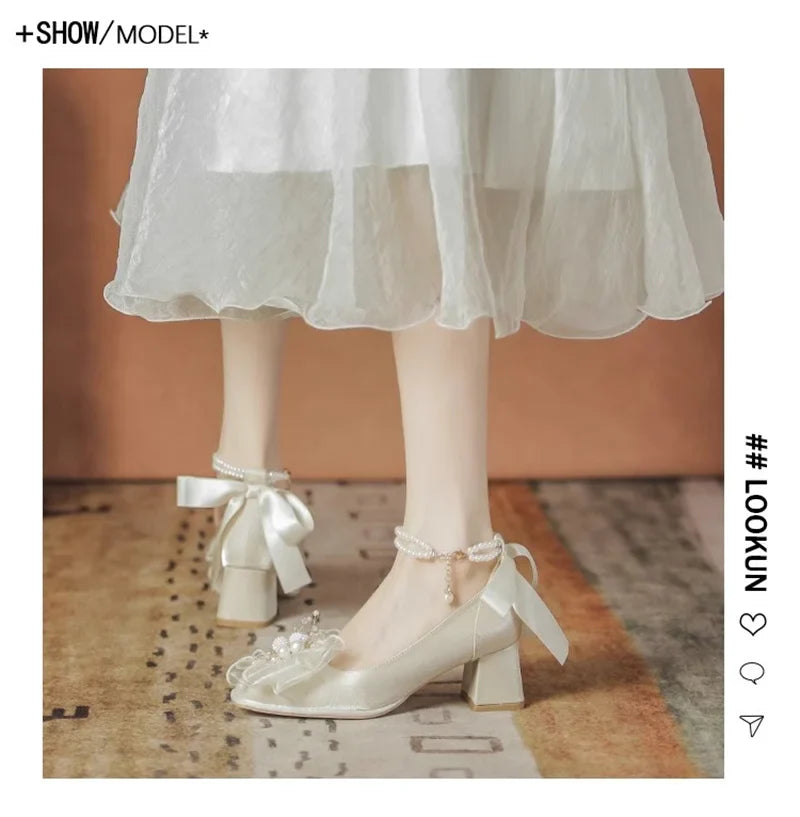 spring and autumn new style fashionable, comfortable and versatile pearl temperament versatile square-toe pumps for women