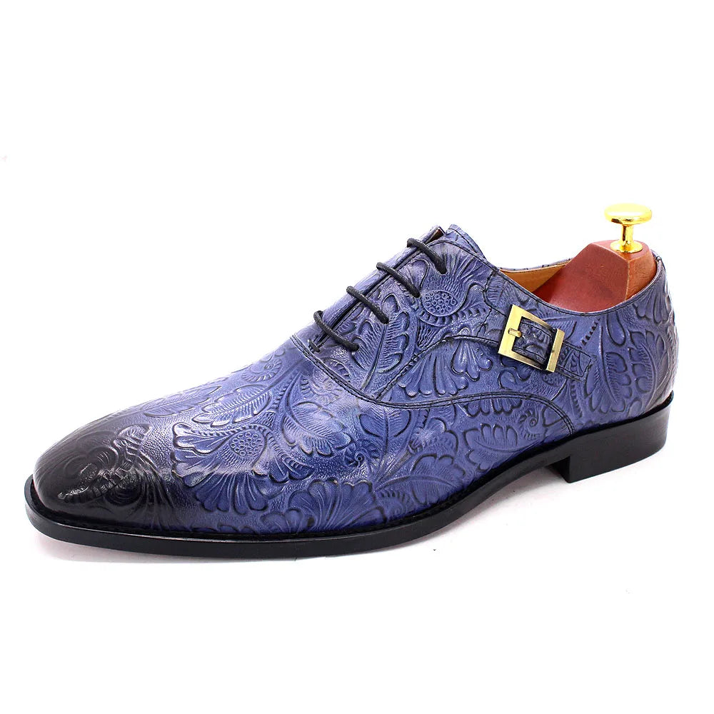 2022 Classic Men Oxford Dress Shoes Real Leather Flower Print Cap Toe Lace Up Buckle Blue Wedding Party Formal Footwear for Men