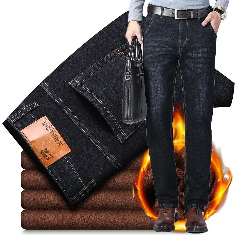 2023 Winter Men Black Blue Straight Stretch Denim Thick Velvet Pants Warm Jeans Casual Fleece Line Trousers Male Plus Size