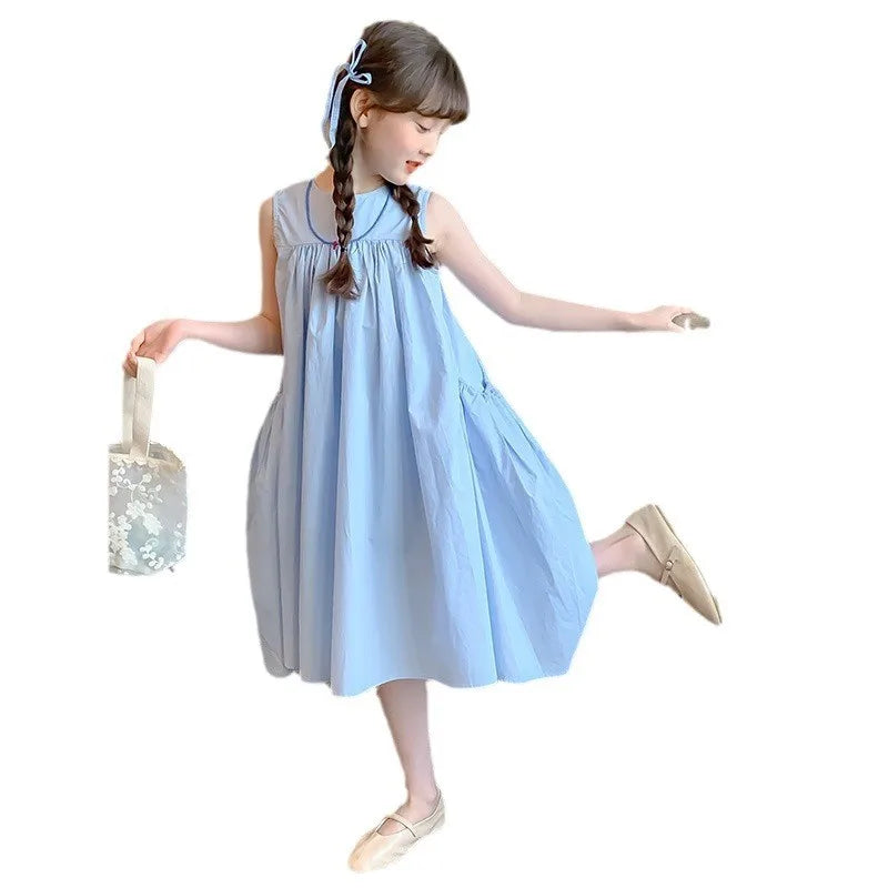 Summer Junior Girl Sleeveless Dress Solid Side Big Pockets Blue Ruched Dress For 2-10Y Girls Casual Round Collar Baby Girl Dress