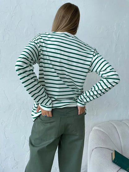 2025 Summer Long Sleeve Striped T-Shirts Women Basic Casual Tops Female Cozy Loose Cotton Tees Harajuku T Shirt New