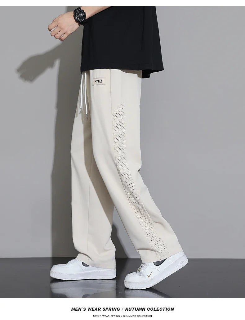 Men's Ice Silk Pants Summer Thin Style Drape Effect Loose Straight Casual Long Pants Trendy Brand Wide‑Leg Sports Pants for Boys