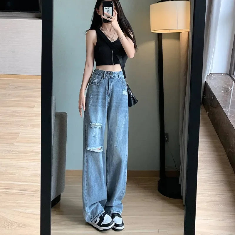 High-waisted Slimming Petite Jeans Women's Loose-fit Summer Vintage Wide-leg Trousers Torn-up Draped Style Casual Pants