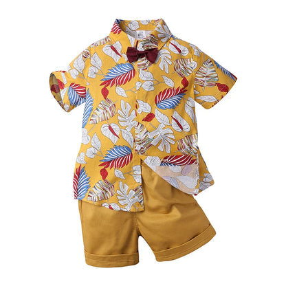 2026 Gentleman  Kids Boys Party Clothing Set Print Hawaii Style Short Sleeve Shirt +Short Pants Formal Suit Seaside Outfits 2Pcs