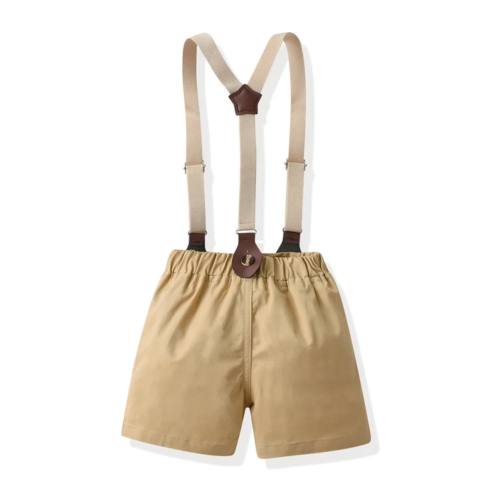 Children Formal Clothing Summer Comfortable Two Piece Set Kid Short Sleeve Shirt Bow Tie Suspenders Shorts Boy Elegant Outfit