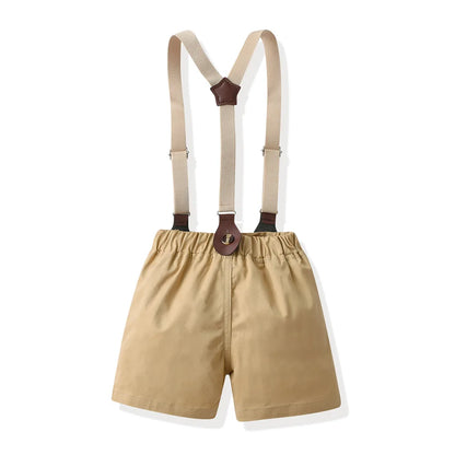 Children Formal Clothing Summer Comfortable Two Piece Set Kid Short Sleeve Shirt Bow Tie Suspenders Shorts Boy Elegant Outfit